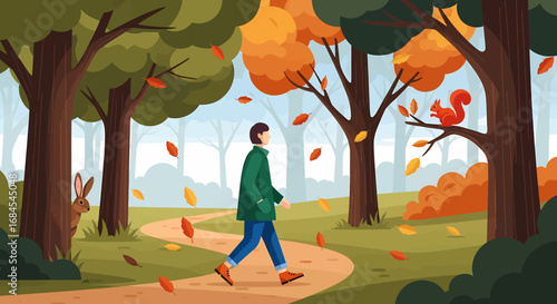 Autumnal Stroll A Person Walking Through a Forest Path Surrounded by Falling Leaves and Wildlife