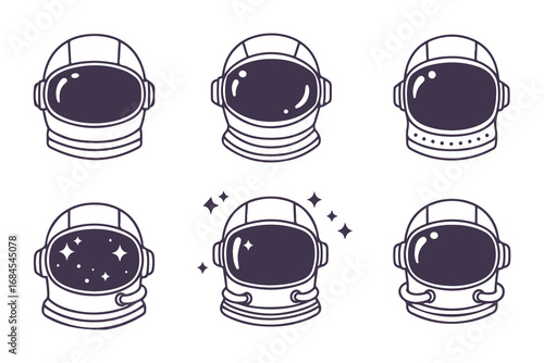 Set of cute astronaut helmet icons, hand-drawn vintage vector