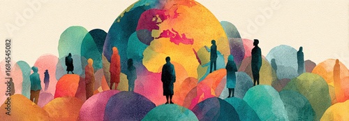 Global community silhouettes atop colorful mounds, a world map in the background