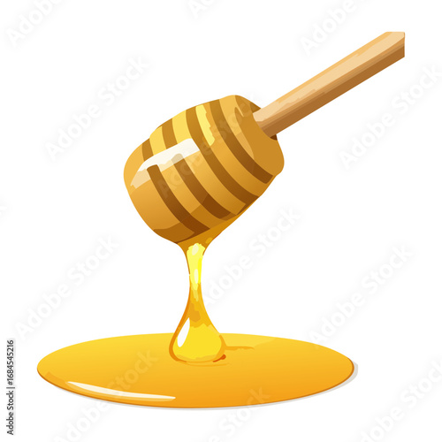 Sweet golden honey dripping from a wooden dipper