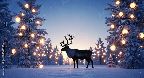 A majestic reindeer stands in a snowy winter forest among pine trees decorated with glowing festive lights.