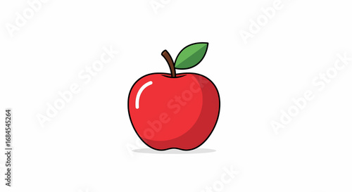 A vibrant red apple with a green leaf and stem, presented in a simple, clean illustration style on a white background