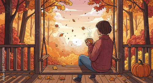 A serene autumn moment on a welcoming porch, where a person finds comfort on a swing, surrounded by a gentle swirl of falling golden leaves and the warmth of a seasonal drink