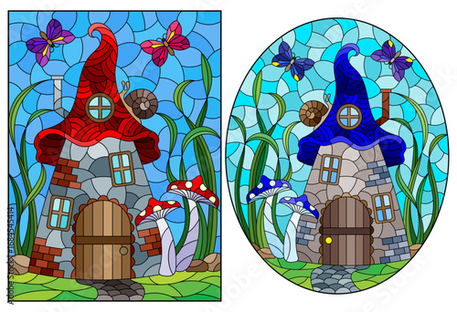 Set of stained-glass illustrations with a fairy-tale dwarf houses on a background of grass and blue sky