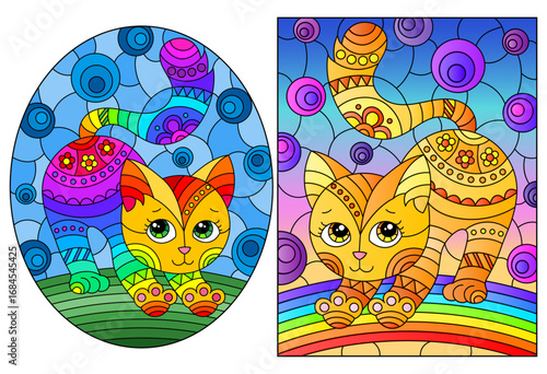 A set of illustrations in stained glass style with abstract cute cats on a sky background with rainbow