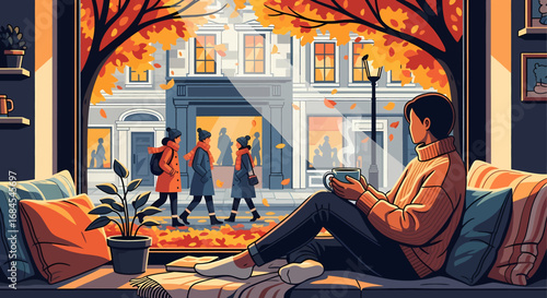 A person enjoys a warm drink on a sunlit window sill, finding peaceful tranquility while observing the lively autumn street scene and passersby below