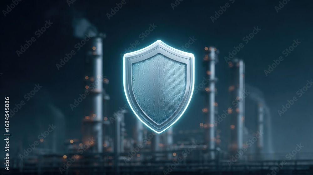Fototapeta premium Futuristic Digital Shield Symbolizing Security Over Industrial Landscape with Smokestacks and Fog in Background, Bright Neon Effect