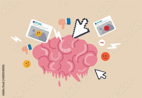Brain rot toxic social media addiction causing depression, anxiety and negative harmful mind, online overwhelmed, cyber bullying or doomscrolling concept, human brain rot with toxic social media