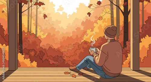 A person enjoying a serene autumn morning on a wooden porch, sipping a warm beverage amidst a vibrant forest ablaze with golden and orange fall foliage