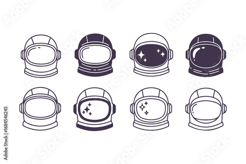 Set of cute astronaut helmet icons, hand-drawn vintage vector