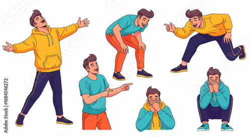 Expressive man in various poses: laughter, surprise, and excitement, ideal for design use