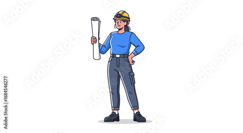 Confident female architect reviewing blueprints with a determined expression ready for a project