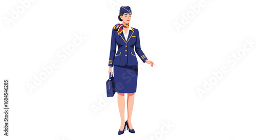 Professional flight attendant in elegant uniform ready to assist passengers with a smile