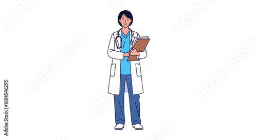 Professional female doctor with stethoscope and clipboard ready to provide medical care