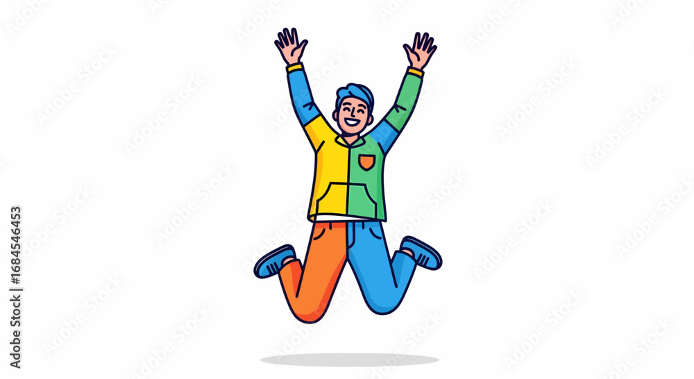 Fototapeta premium Joyful man celebrates with arms raised high in a colorful, dynamic jump, pure happiness