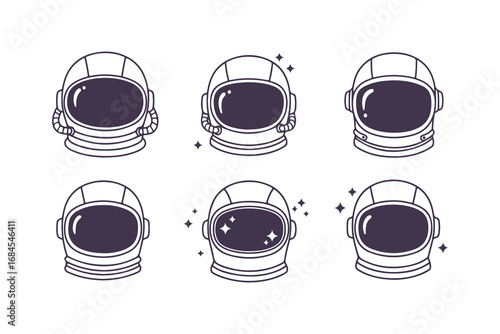 Set of cute astronaut helmet icons, hand-drawn vintage vector
