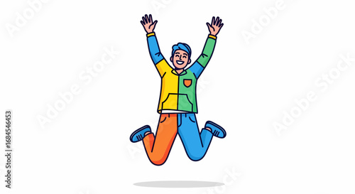 Joyful man celebrates with arms raised high in a colorful, dynamic jump, pure happiness