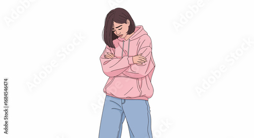 Young woman in pink hoodie with arms crossed expressing sadness and contemplation
