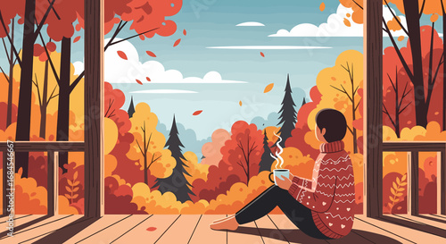 Autumn Cozy Woman Enjoying Fall Scenery with a Warm Drink
