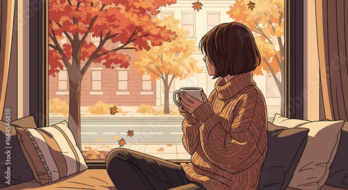 Cozy autumn scene A woman in a warm sweater sips hot coffee while enjoying the colorful fall foliage outside her window