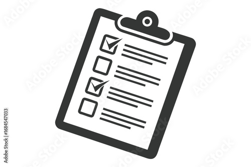 Clipboard checklist icon vector, questionnaire form with check marks, white background