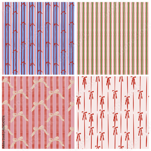Set of 4 seamless Christmas patterns with vertical ribbons, bows, and festive stripes. Hand-drawn textures in cozy red, pink, blue, and green tones. Ideal for wrapping paper, holiday cards, textile 