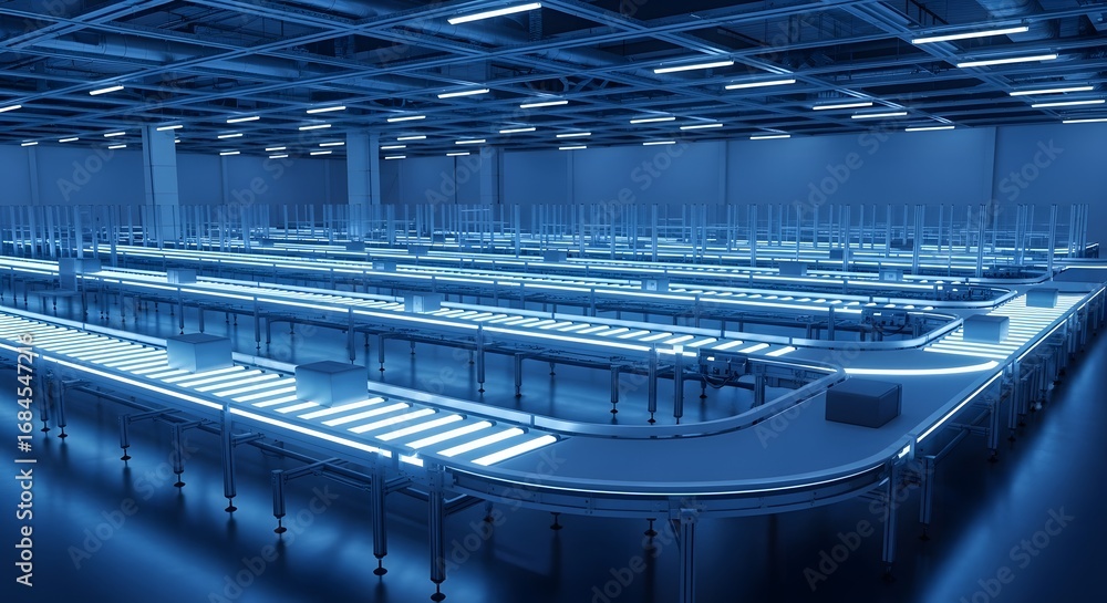 Fototapeta premium Automated Conveyor System in a Modern Warehouse Environment Blue Tone