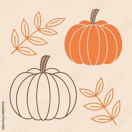 Vector art of autumnal illustration featuring two pumpkins and delicate fall leaves, evoking a warm harvest season