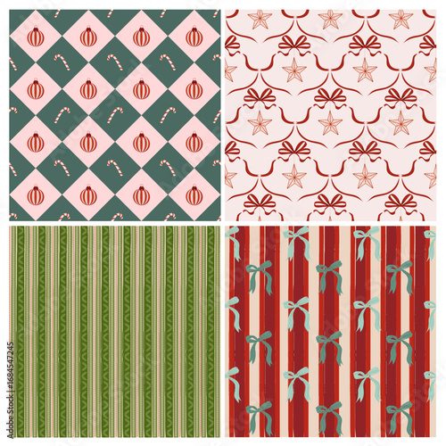 Seamless Christmas patterns with ornaments, bows, stars and candy canes. Festive textures in pink, red and green. Ideal for wrapping paper, fabric, cards and holiday design projects.