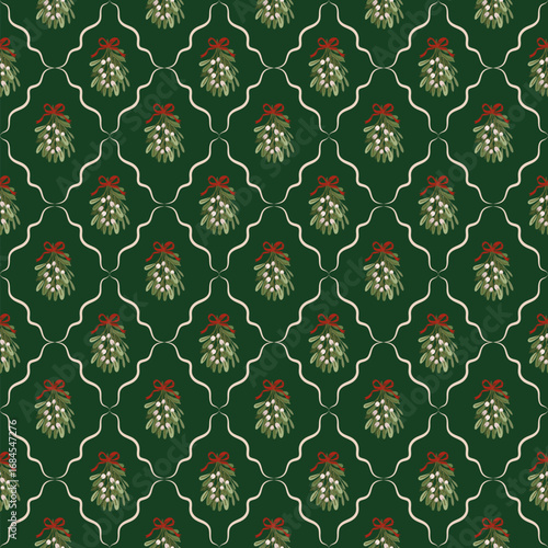 Seamless Christmas pattern with mistletoe and red bows on dark green background. Perfect for holiday wrapping, greeting cards, packaging, and cozy seasonal decor.
