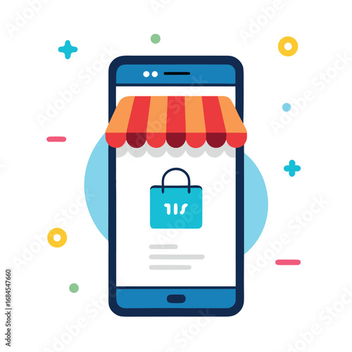 Online Shopping App Concept with Mobile Phone and Storefront Awning Illustration on white background