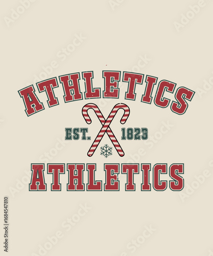 Vintage-style 'Athletics' graphic design with candy canes and snowflake, perfect for apparel.
