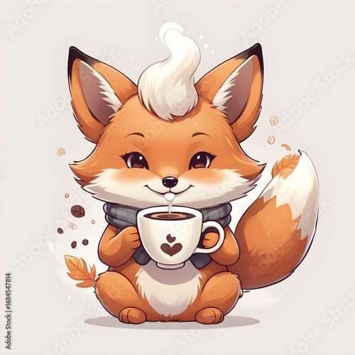 Cute Kawaii Fox Drinking Coffee – Adorable Chibi Animal Illustration on White Background