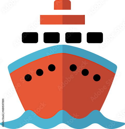 Orange cruise ship sailing forward on blue water waves