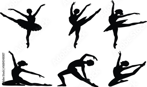 Elegant ballerina silhouettes in various dance poses, graceful ballet movements, female dancers, black and white vector, artistic, performance art, flexibility, beauty, stage presence