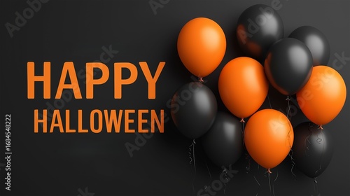 Halloween Balloons: A festive arrangement of orange and black balloons forms the backdrop for the words Happy Halloween, creating a seasonally themed visual that embodies the essence of celebration.
