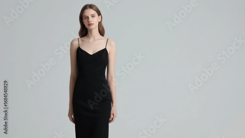 The model wears a black spaghetti - strap slim - fitting dress and showcases the clothing in front of a simple background, fully demonstrating elegant temperament.