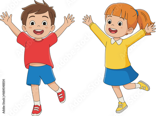 Happy kids jumping and smiling joyful children playing together cheerful friends with open arms cartoon illustration energetic childhood fun bright colorful scene