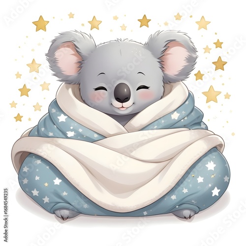 Cute Kawaii Koala Sleeping with Blanket – Adorable Chibi Animal Illustration on White Background