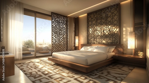 Modern, luxurious bedroom with a view.  Spacious, light-filled master bedroom featuring a large bed, light-toned walls, and warm, rich wood accents.  