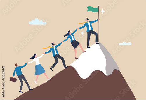 Team achievement, teamwork to success together, colleagues support or leadership to lead team to overcome challenge, cooperation concept, business people team member help others reach mountain peak