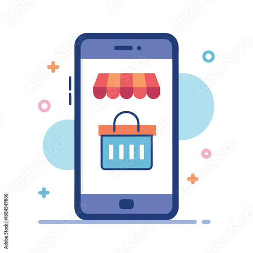 Mobile Shopping App Illustration with Basket and Awning for Online Store on white background