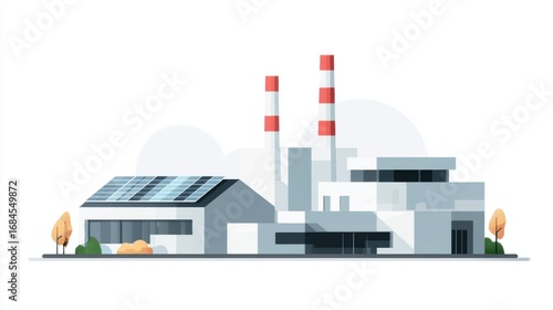 Illustration of a modern factory with solar panels and chimneys