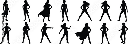 Strong female superhero silhouettes standing confidently, powerful women with flowing capes, heroic poses, female empowerment, courage, leadership, strength, independence