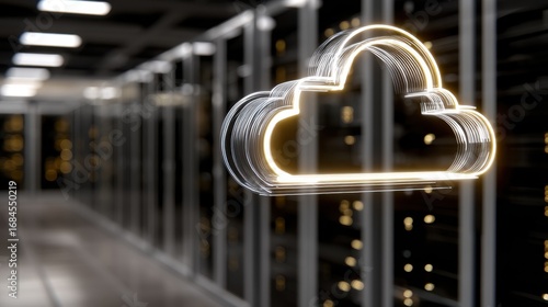 Cloud symbol in a data center with server racks