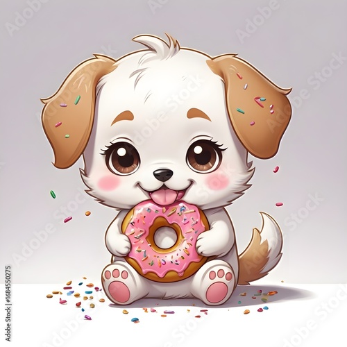 Cute Kawaii Puppy Eating Donut – Adorable Chibi Dog Illustration on White Background