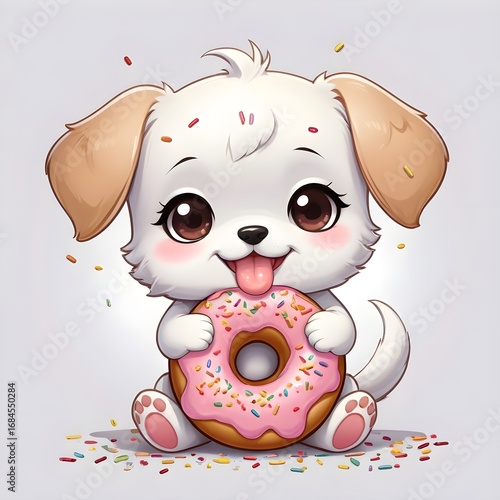 Cute Kawaii Puppy Eating Donut – Adorable Chibi Dog Illustration on White Background