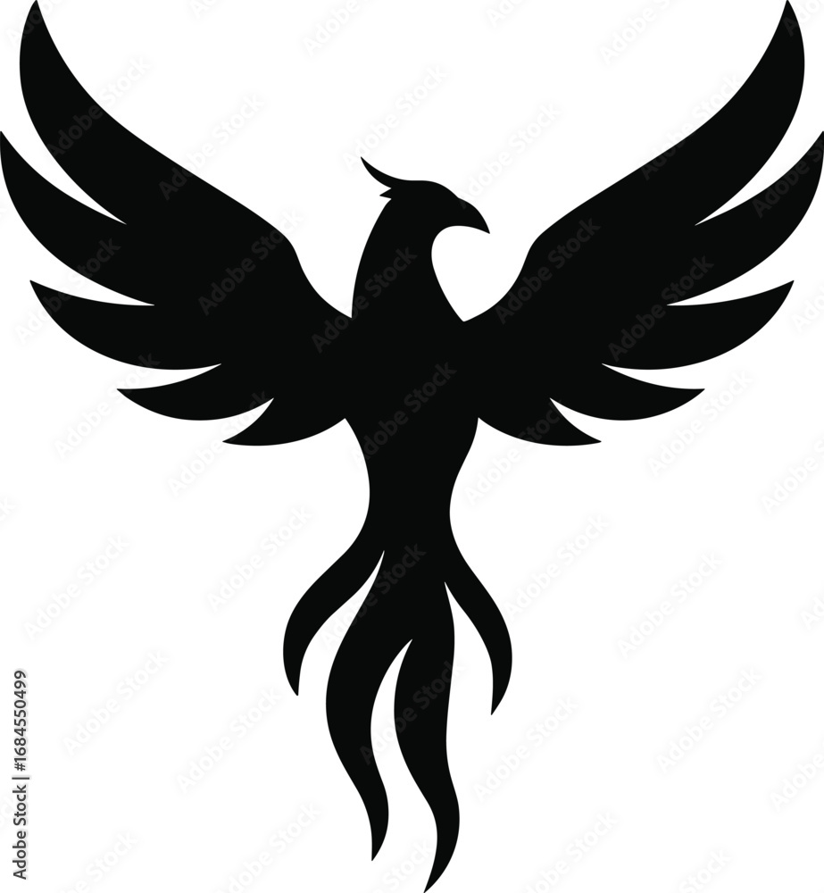 Fototapeta premium Phoenix silhouette, wings spread, black minimal emblem vector transparent