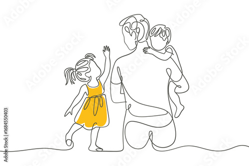 Father and two children one line drawing embracing family love