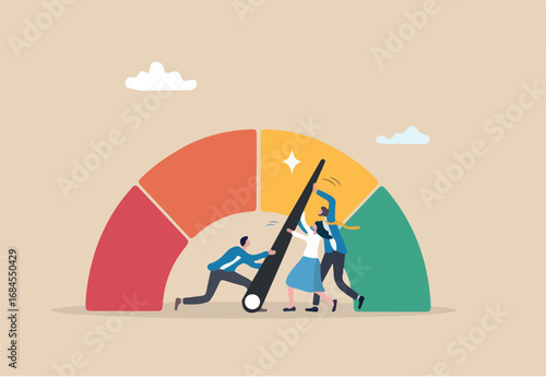 Performance rating, risk management or employee survey score, evaluation or grade assessment, employee engagement, credit score, productivity concept, business people help push measuring gauge scale